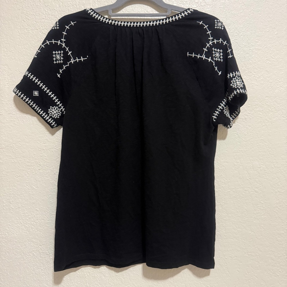Talbots‎ Black Cotton Embroidered Boho Split Neck Tie Top Medium IN3048 - Picture 6 of 9